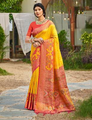 Yellow pochampalli silk blend saree for women  1