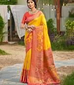 Yellow pochampalli silk blend saree for women | wedding & festive wear saree