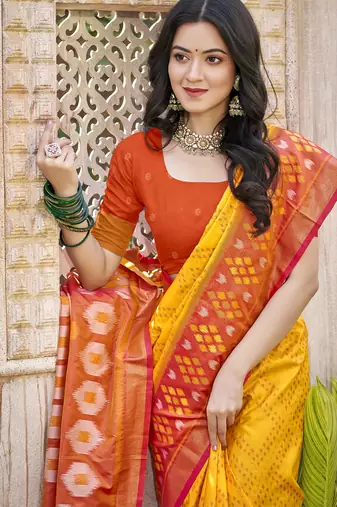 Yellow & red pochampalli soft silk blend saree with traditional ikat woven pall