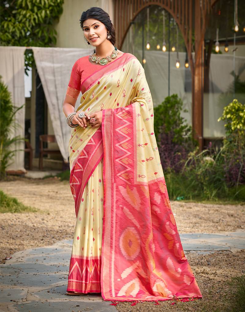Cream pochampalli silk blend saree | traditional wedding & festive wear saree