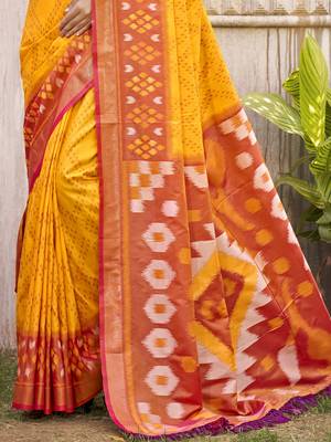 Yellow & red pochampalli soft silk blend saree with traditional ikat woven pall 3