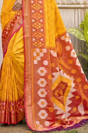 Yellow & red pochampalli soft silk blend saree with traditional ikat woven pall