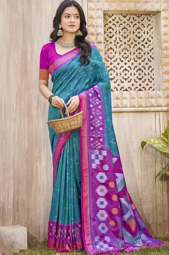 Sea green pochampalli soft silk blend saree with traditional ikat woven pallu