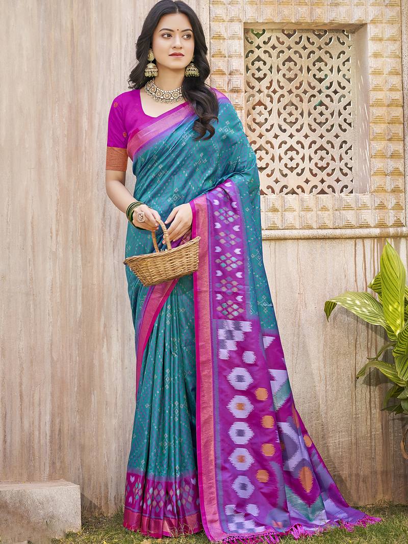 Sea green pochampalli soft silk blend saree with traditional ikat woven pallu