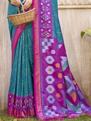 Sea green pochampalli soft silk blend saree with traditional ikat woven pallu 3