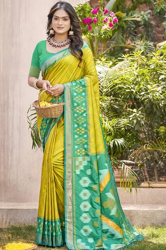 Mustard yellow & green pochampally soft silk blend saree with traditional ikat woven pallu