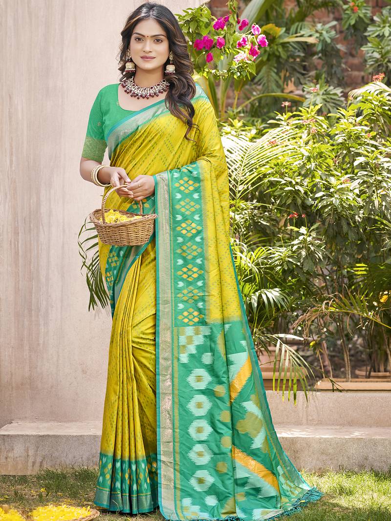 Mustard yellow & green pochampally soft silk blend saree with traditional ikat woven pallu