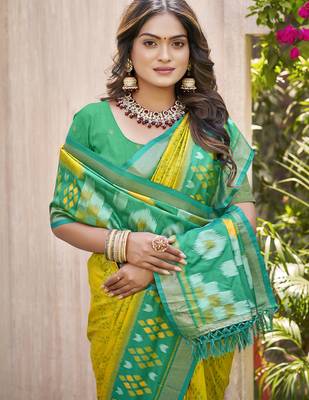Mustard yellow & green pochampally soft silk blend saree with traditional ikat woven pallu 2