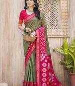 Mehendi green & red pochampally soft silk blend saree with traditional ikat woven pallu