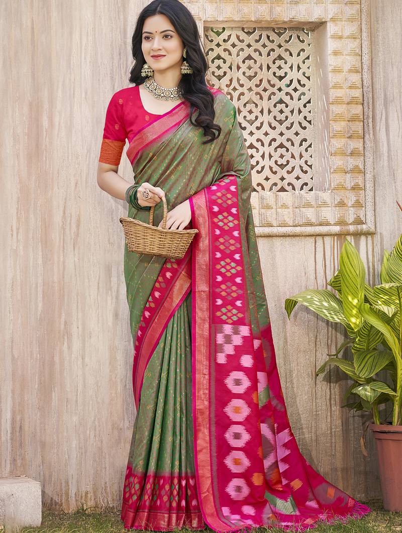 Mehendi green & red pochampally soft silk blend saree with traditional ikat woven pallu