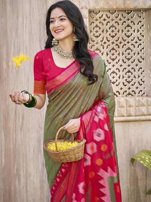 Mehendi green & red pochampally soft silk blend saree with traditional ikat woven pallu 2