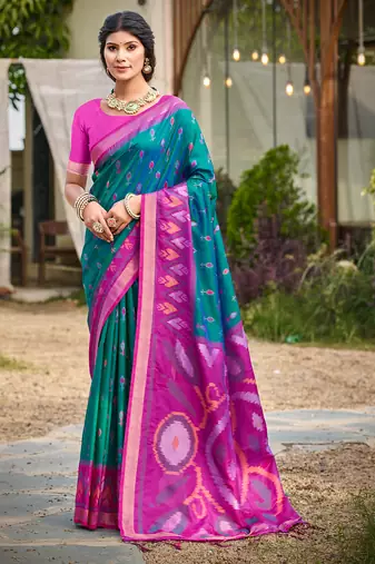 Teal blue pochampalli silk blend saree | traditional wedding & festive wear saree