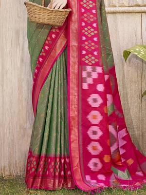 Mehendi green & red pochampally soft silk blend saree with traditional ikat woven pallu 3