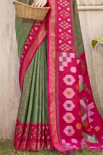 Mehendi green & red pochampally soft silk blend saree with traditional ikat woven pallu