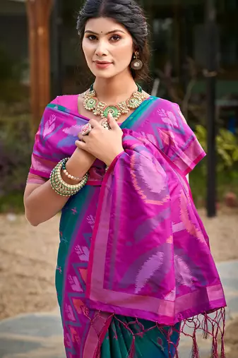 Teal blue pochampalli silk blend saree 