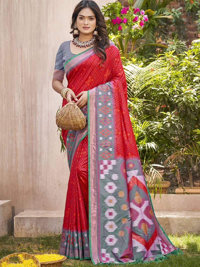 Royal red & grey pochampalli soft silk blend saree with traditional ikat woven pallu