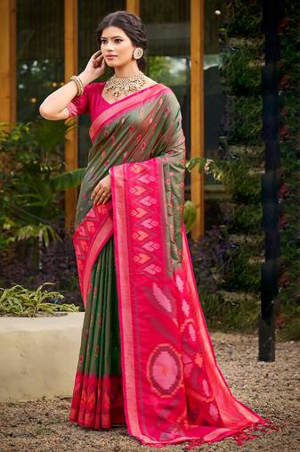 Olive green pochampalli silk blend saree | traditional wedding & festive wear saree
