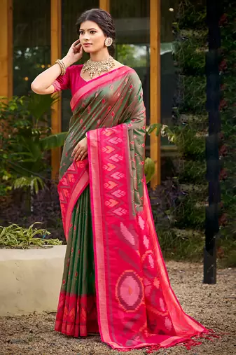 Olive green pochampalli silk blend saree | traditional wedding & festive wear saree