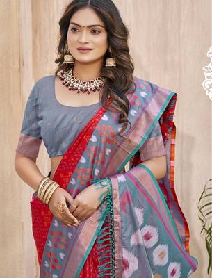 Royal red & grey pochampalli soft silk blend saree with traditional ikat woven pallu 2