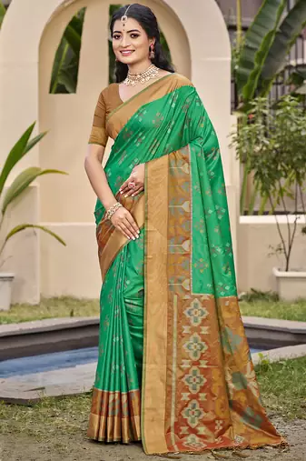 Exquisite green & brown pochampalli soft silk blend saree with grand ikat woven pallu