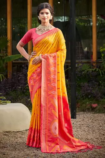 Yellow pochampalli silk blend saree | traditional wedding & festive wear saree