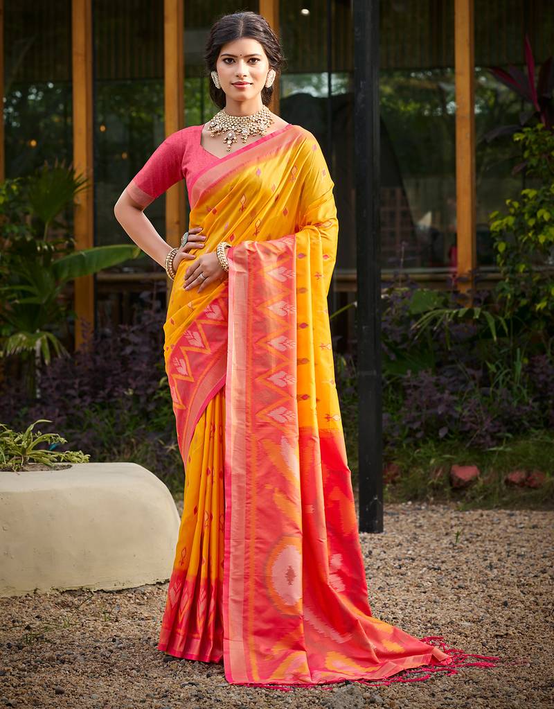 Yellow pochampalli silk blend saree | traditional wedding & festive wear saree