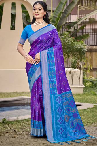 Exquisite violet & sky blue pochampalli soft silk blend saree with grand ikat woven pallu