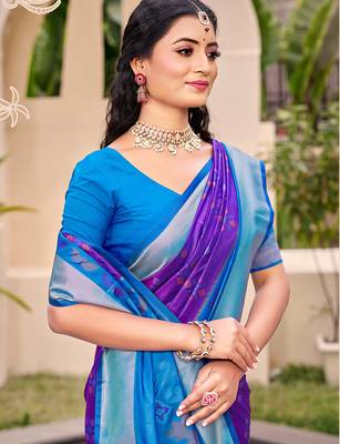 Exquisite violet & sky blue pochampalli soft silk blend saree with grand ikat woven pallu 2
