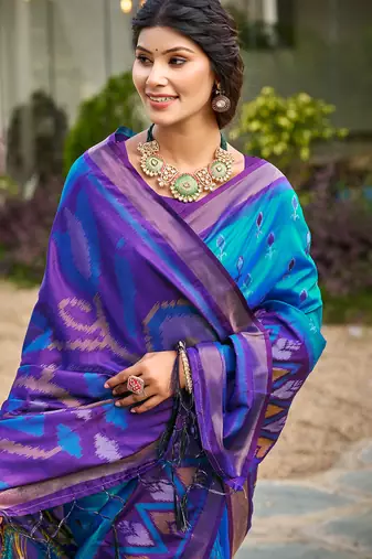 Blue pochampalli silk blend saree 