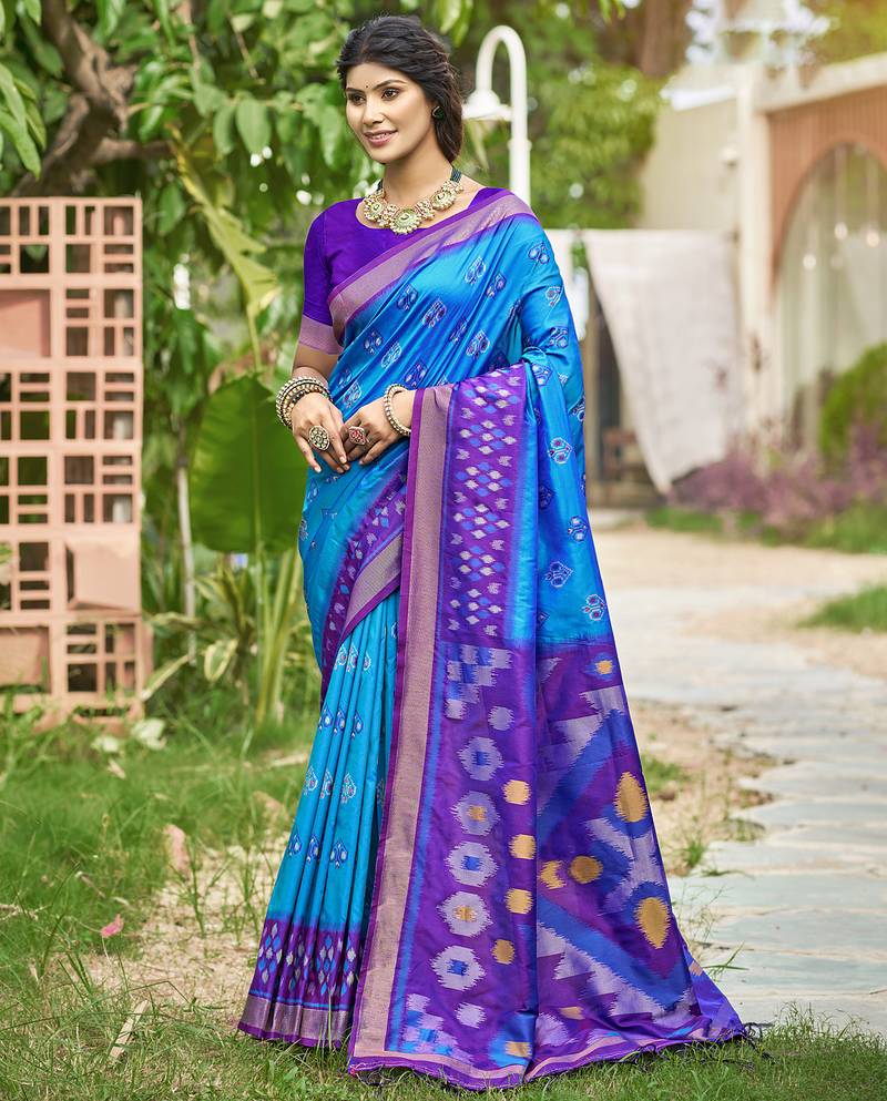 Blue pochampalli silk blend saree | elegant traditional wedding & festive wear saree