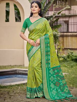 Exquisite light green & green pochampalli soft silk blend saree with grand ikat woven pallu 1