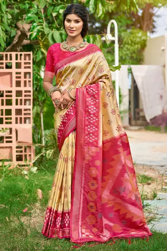 Cream pochampalli silk blend saree | elegant traditional wedding & festive wear saree