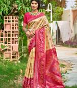 Cream pochampalli silk blend saree | elegant traditional wedding & festive wear saree