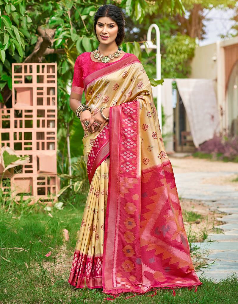 Cream pochampalli silk blend saree | elegant traditional wedding & festive wear saree