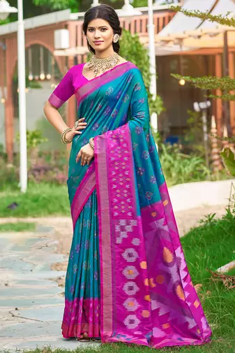 Teal blue pochampalli silk blend saree | elegant traditional wedding & festive wear saree