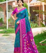 Teal blue pochampalli silk blend saree | elegant traditional wedding & festive wear saree