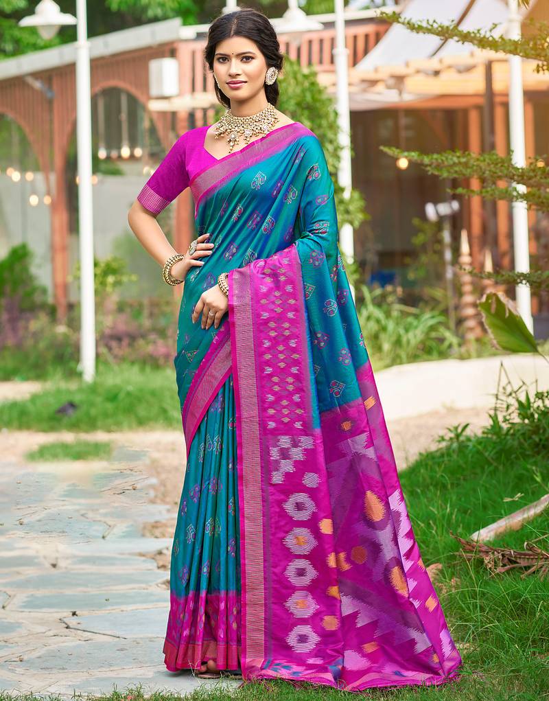 Teal blue pochampalli silk blend saree | elegant traditional wedding & festive wear saree