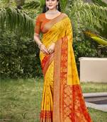 Exquisite yellow & red pochampalli soft silk blend saree with grand ikat woven pallu