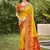 Exquisite yellow & red pochampalli soft silk blend saree with grand ikat woven pallu