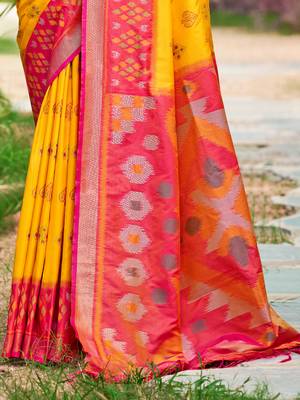 Yellow pochampalli silk blend saree  3