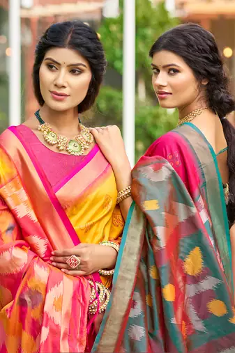 Yellow pochampalli silk blend saree 