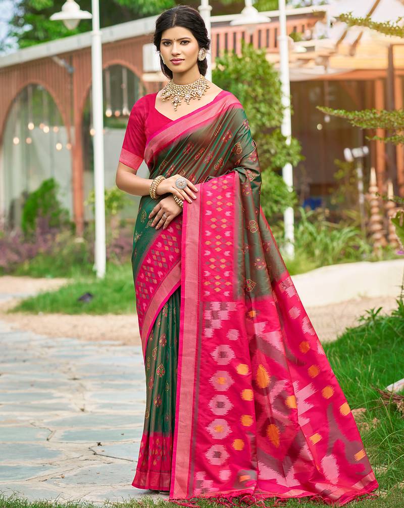 Olive green pochampalli silk blend saree | elegant traditional wedding & festive wear saree