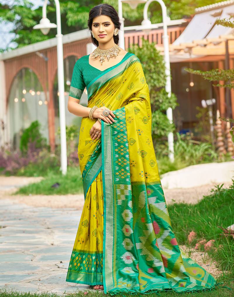 Mustard yellow pochampalli silk blend saree | elegant traditional wedding & festive wear saree