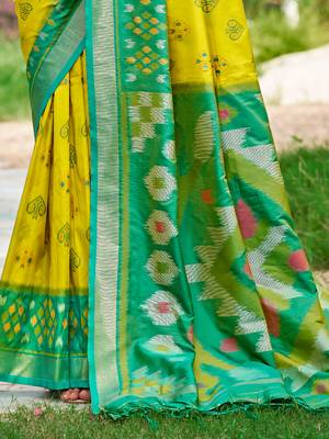 Mustard yellow pochampalli silk blend saree  3