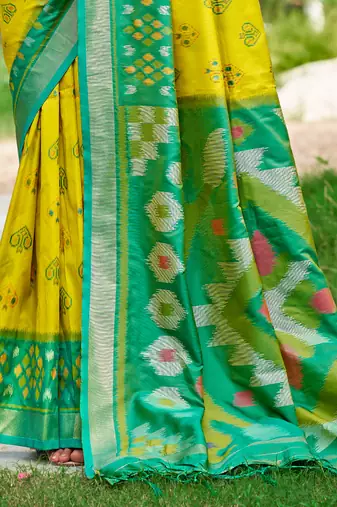 Mustard yellow pochampalli silk blend saree 