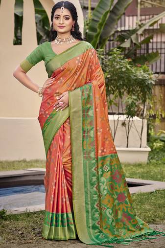 Exquisite orange & green pochampalli soft silk blend saree with grand ikat woven pallu