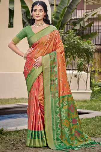 Exquisite orange & green pochampalli soft silk blend saree with grand ikat woven pallu