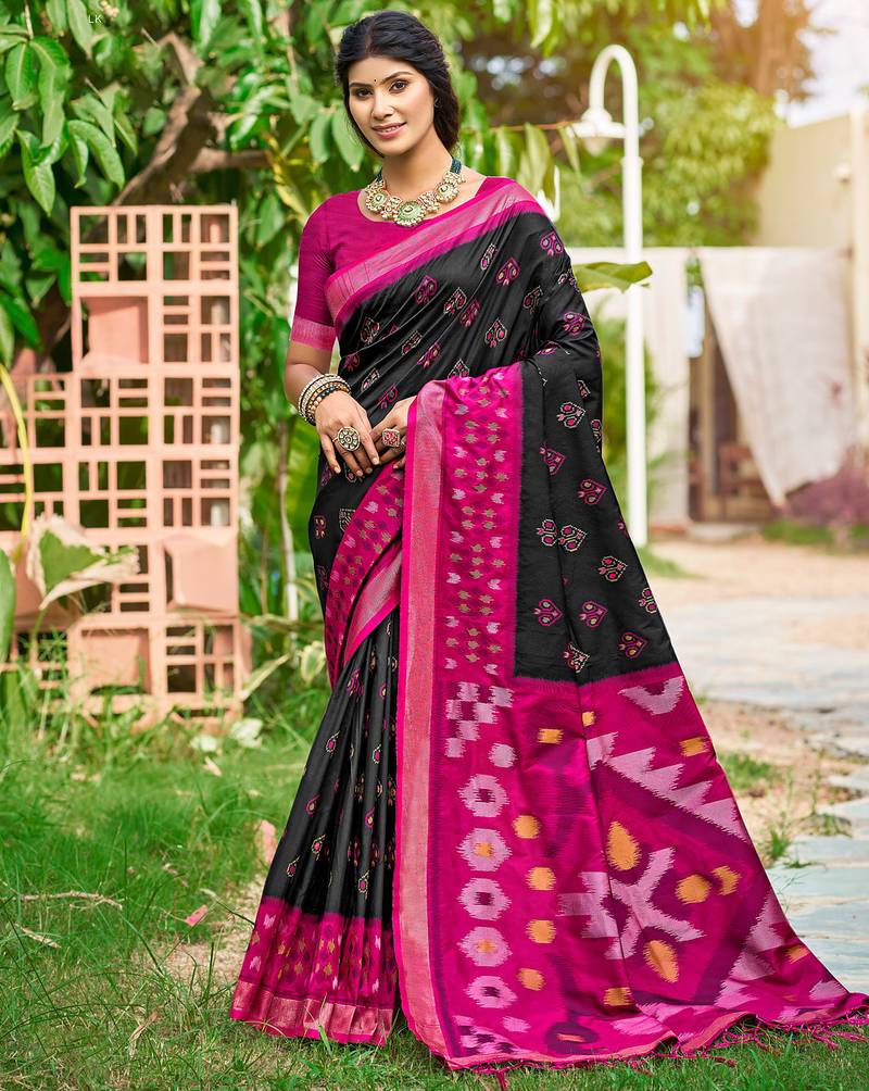 Black pochampalli silk blend saree | elegant traditional wedding & festive wear saree