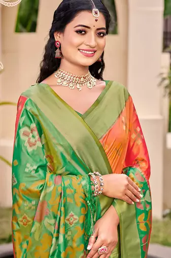 Exquisite orange & green pochampalli soft silk blend saree with grand ikat woven pallu