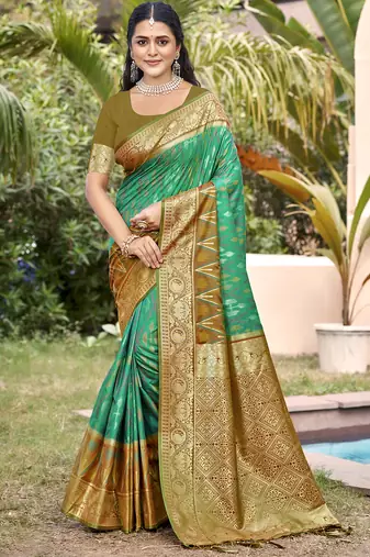 Green pochampalli silk blend saree | elegant traditional wedding & festive wear saree